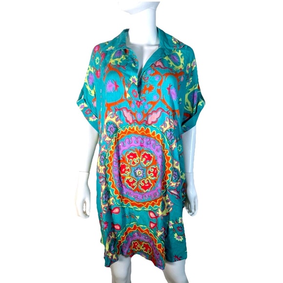 Gold & Silver Paris Dress Sz TU/OS Floral Boho Embroidered Beaded Caftan India - Picture 1 of 16